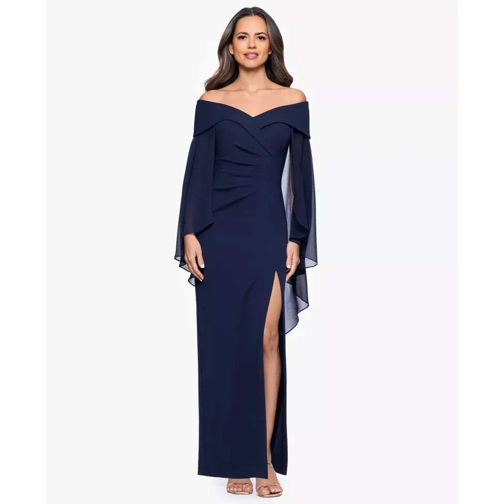XSCAPE Petite Navy Off-The-Shoulder Cape Dress Mother of Bride Groom Wedding 10P